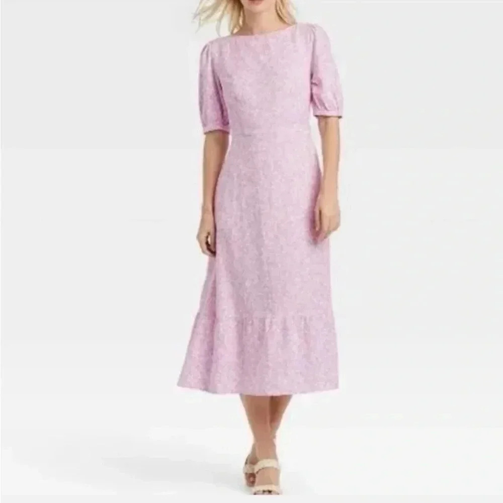 Who What Wear Floral Orchid Bouquet Tie Back Bishop Elbow Sleeve Dress linen‎